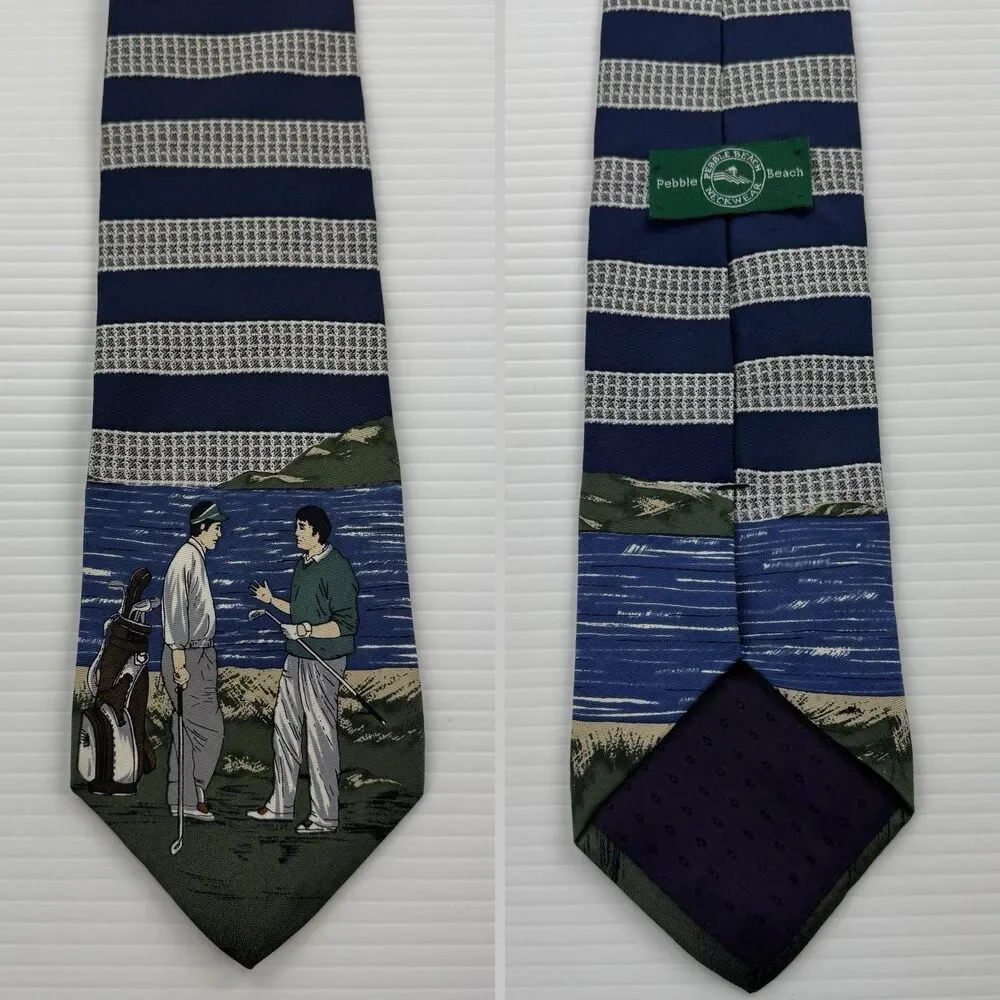 Pebble Beach Golf Tie Silk USA Blue Striped Scenic Golfer Novelty Necktie